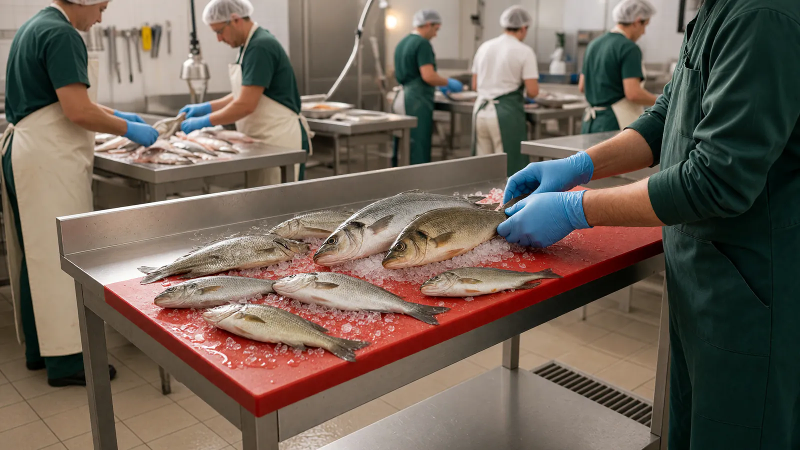 Poissons frais comparés sur une table de travail dans un atelier de poissonnerie professionnel