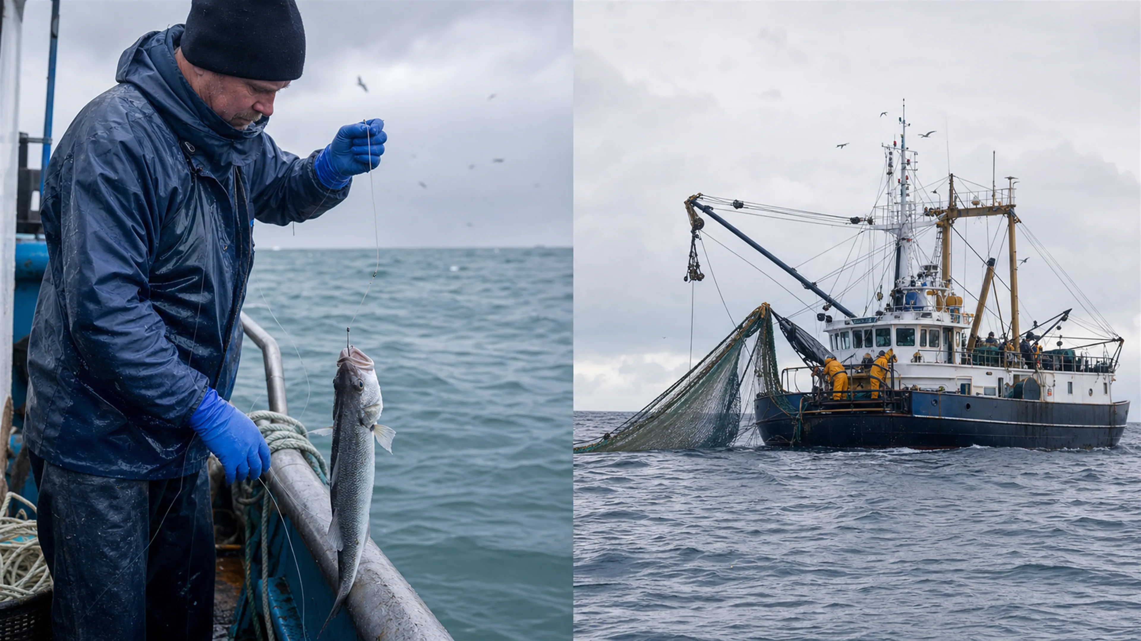 Pêcheur à la ligne et chalutier au travail