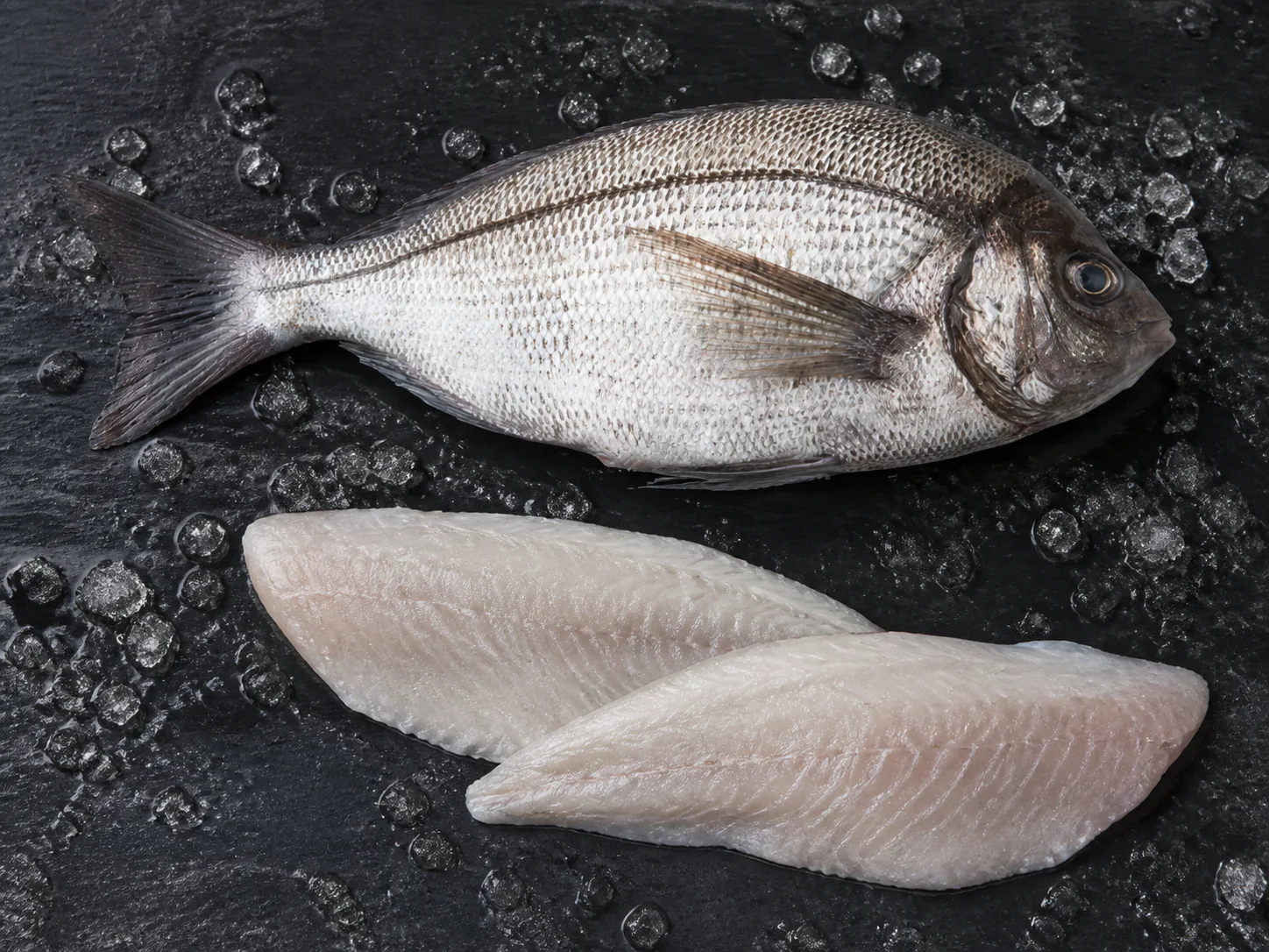 Dorade grise entière et filets crus sur plan de travail de poissonnerie