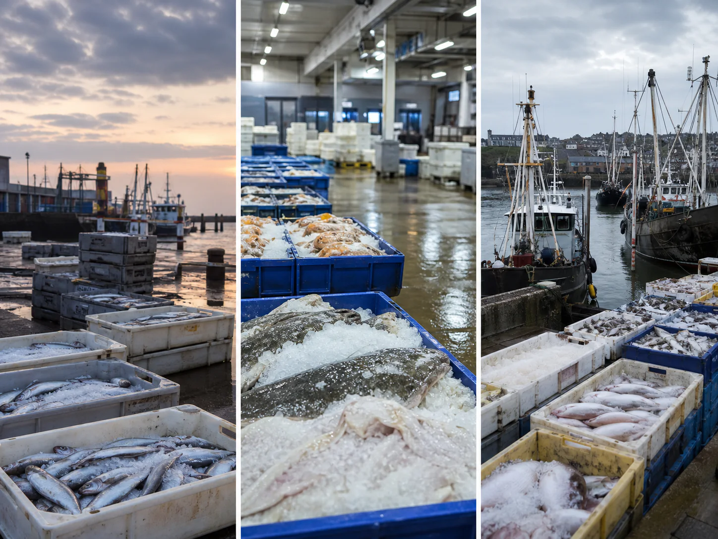 Triptyque de marchés aux poissons aux Pays-Bas, en Belgique et en Angleterre