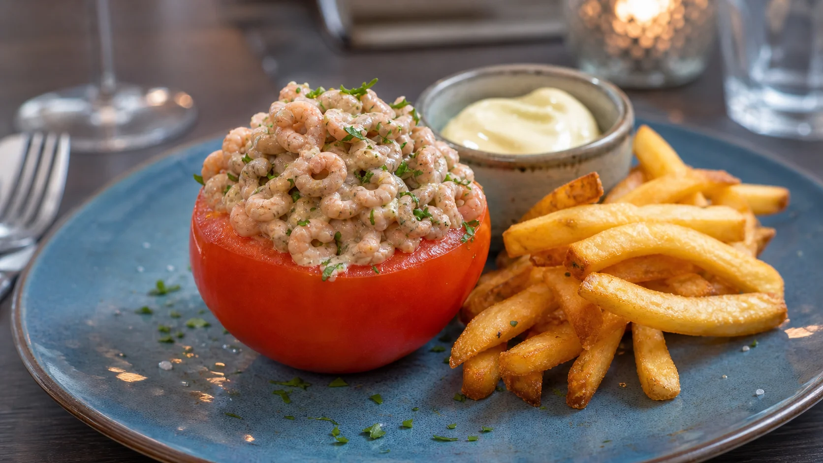 Tomate-crevettes servie avec frites et mayonnaise