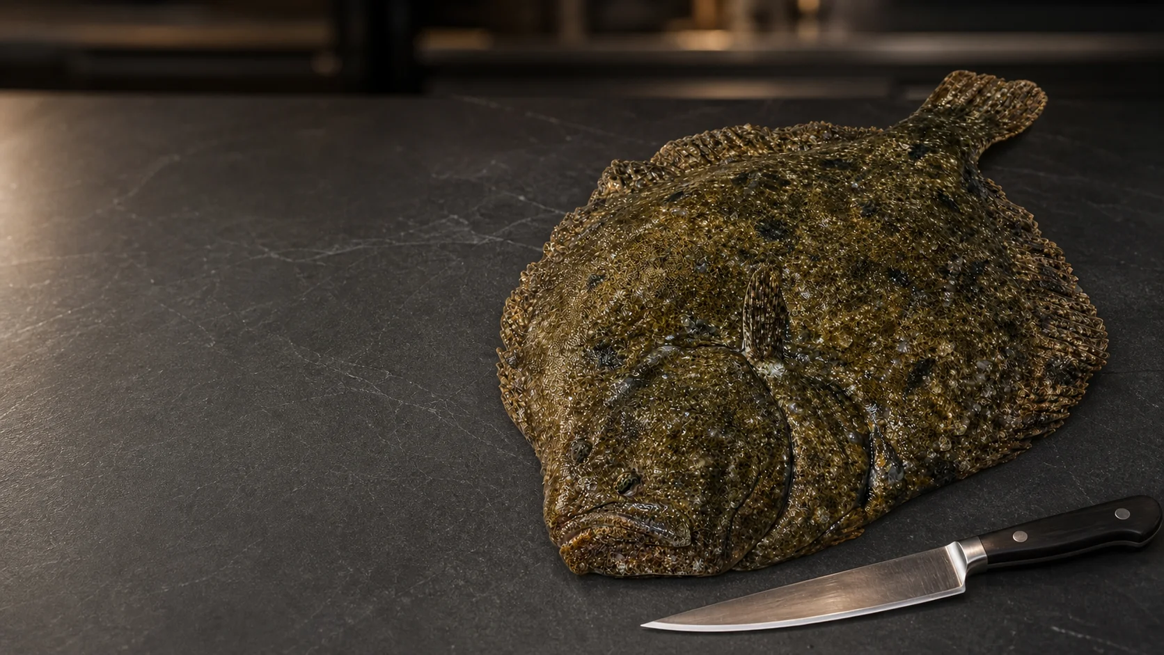 Turbot sauvage entier, sélection Maison Fumesse, sur plan de travail de cuisine